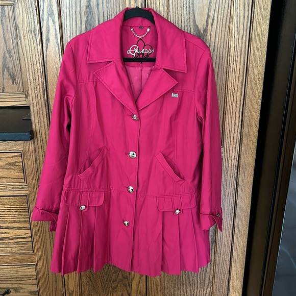 Guess Jackets & Blazers - Guess Magenta Hot Pink Raincoat Trench Coat Silver Button Pleated Long XL